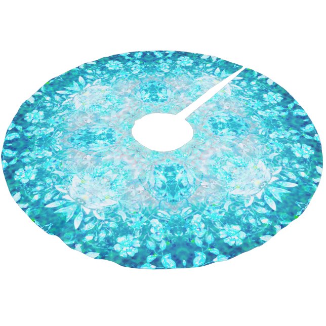 Turquoise Aqua Blue Floral Pattern   Brushed Polyester Tree Skirt (Angled)