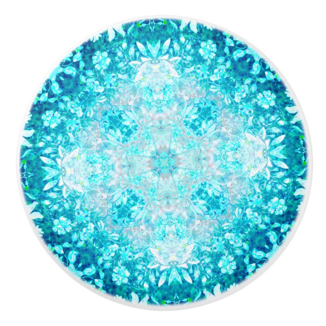 Turquoise Aqua Blue Floral Pattern    Ceramic Knob (Front)