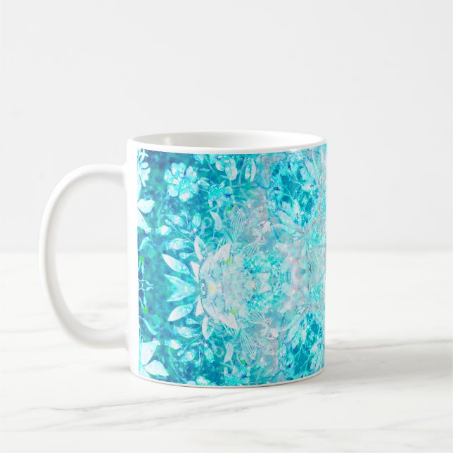Turquoise Aqua Blue Floral Pattern   Coffee Mug (Left)