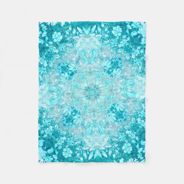 Turquoise Aqua Blue Floral Pattern   Fleece Blanket (Front)
