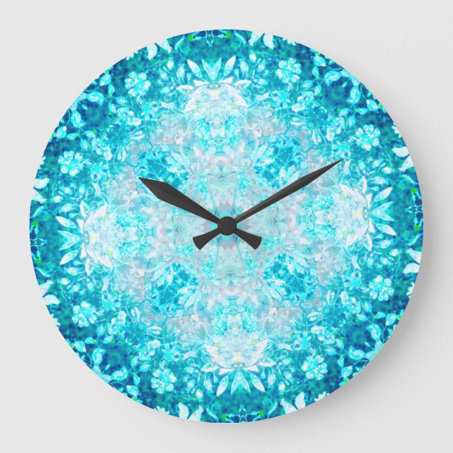 Turquoise Aqua Blue Floral Pattern Large Clock (Front)