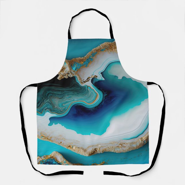 Turquoise Aqua Blue Gold Gemstone Acrylic Pour Art Apron (Front)