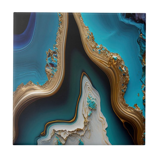 Turquoise Aqua Blue Gold Gemstone Acrylic Pour Art Ceramic Tile (Front)