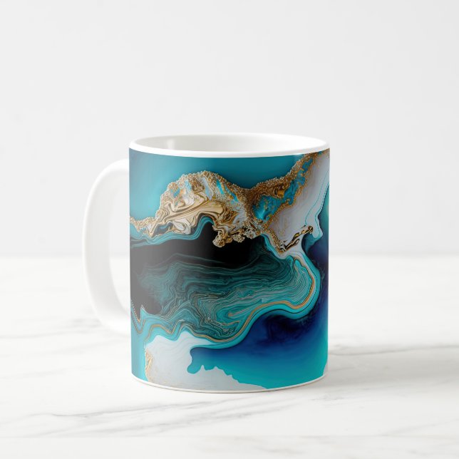Turquoise Aqua Blue Gold Gemstone Acrylic Pour Art Coffee Mug (Front Left)