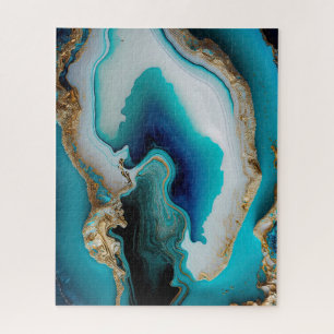 Turquoise Aqua Blue Gold Gemstone Acrylic Pour Art Jigsaw Puzzle