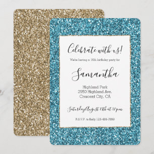 Turquoise Aqua Blue Gold Glitter  Invitation