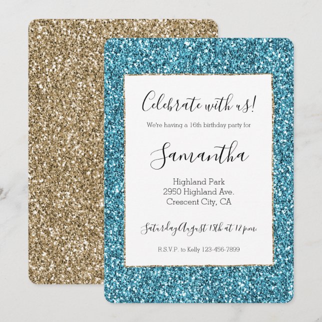 Turquoise Aqua Blue Gold Glitter  Invitation (Front/Back)