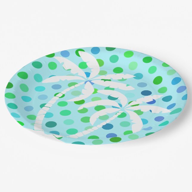 Turquoise Aqua Blue Lime Green Polkadots Pattern Paper Plate (Angled)
