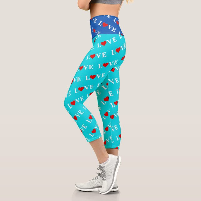 Turquoise Aqua Blue Love Modern Elegant Stylish Capri Leggings (Left)