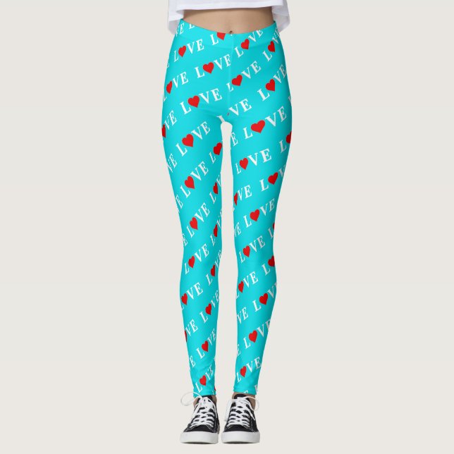 Turquoise Aqua Blue Love Modern Elegant Stylish Leggings (Front)