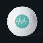 Turquoise Aqua Blue Modern Monogram Name Golf Balls<br><div class="desc">Personalised golf ball in an aqua blue and turquoise colour scheme with a modern font initial and fun script name or custom text for a golf team outing or wedding party golf trip. If you'd like to change the fonts or colours, you can edit the template by clicking 'customise further'...</div>