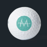 Turquoise Aqua Blue Modern Monogram Name Golf Balls<br><div class="desc">Personalised golf ball in an aqua blue and turquoise colour scheme with a modern font initial and fun script name or custom text for a golf team outing or wedding party golf trip. If you'd like to change the fonts or colours, you can edit the template by clicking 'customise further'...</div>