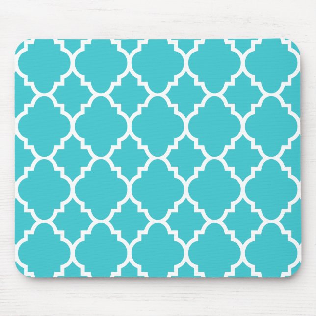Turquoise Aqua Blue Quatrefoil Moroccan Pattern Mouse Pad (Front)