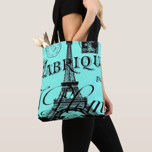 turquoise aqua blue scripts Paris Eiffel Tower Tote Bag (Close Up)