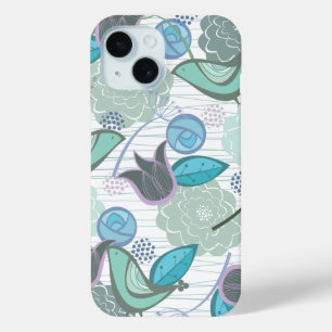 Turquoise Aqua Blue Sweet Birds Floral Garden Chic iPhone 15 Case