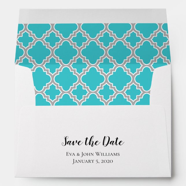 Turquoise Aqua Blue Teal Quatrefoil Save The Date Envelope (Back (Bottom))