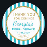 Turquoise Aqua Bridal Shower Thank You Favour Tags<br><div class="desc">Elegant bridal shower stickers featuring turquoise aqua and white stripes with sophisticated gold glitter accent frame. These fashionable and stylish bridal shower favour tags stickers will be a hit for any wedding shower party! They say "Thank you for coming" with the bride's name and date.</div>