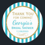 Turquoise Aqua Bridal Shower Thank You Favour Tags<br><div class="desc">Elegant bridal shower stickers featuring turquoise aqua and white stripes with sophisticated gold glitter accent frame. These fashionable and stylish bridal shower favour tags stickers will be a hit for any wedding shower party! They say "Thank you for coming" with the bride's name and date.</div>