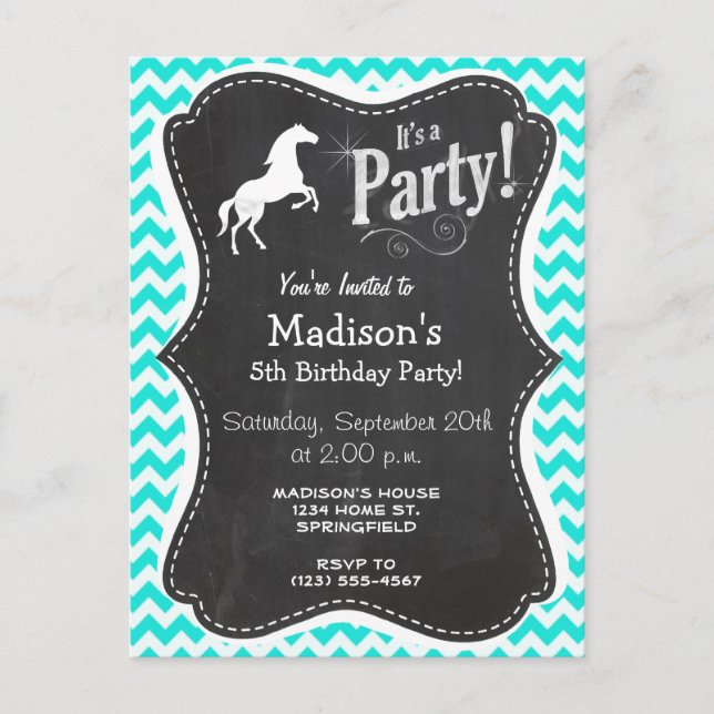 Turquoise, Aqua Colour Chevron; Equestrian Invitation Postcard (Front)