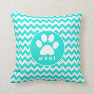 Turquoise, Aqua Colour Chevron; Paw Print Cushion