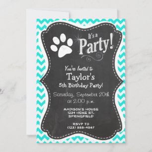 Turquoise, Aqua Colour Chevron; Paw Print Invitation