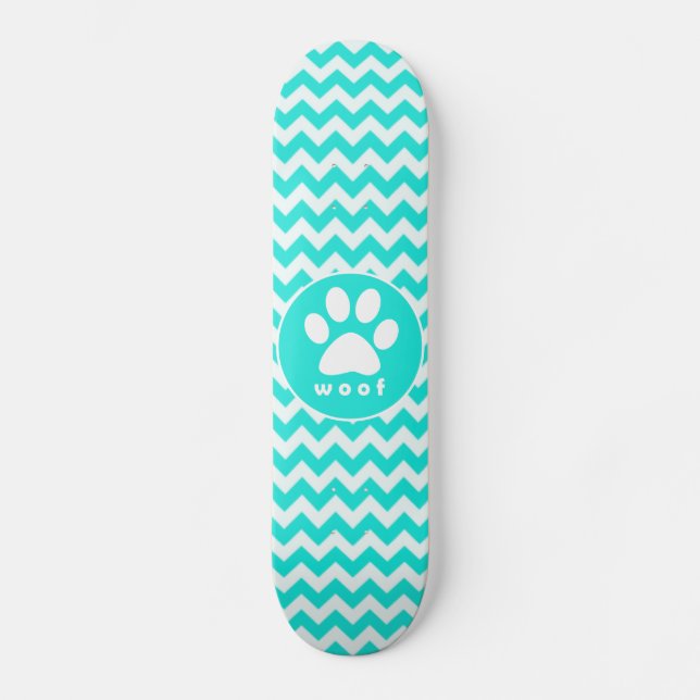 Turquoise, Aqua Colour Chevron; Paw Print Skateboard (Front)