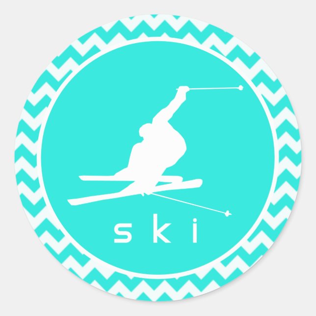 Turquoise, Aqua Colour Chevron; Snow Ski Classic Round Sticker (Front)