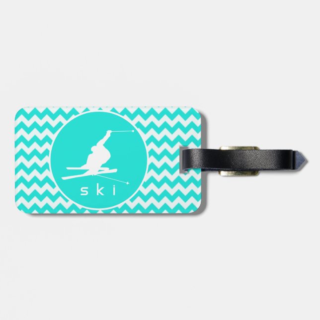 Turquoise, Aqua Colour Chevron; Snow Ski Luggage Tag (Back Horizontal)