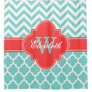 Turquoise Aqua Coral Red Moroccan #5 Chevron 1IQRN Shower Curtain