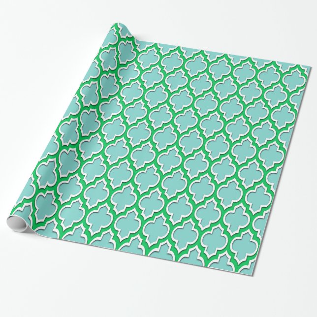 Turquoise Aqua Emerald Green Wht XL Moroccan #4DS Wrapping Paper (Unrolled)