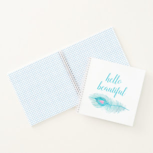 Turquoise Aqua Feather with heart, hello beautiful Notebook