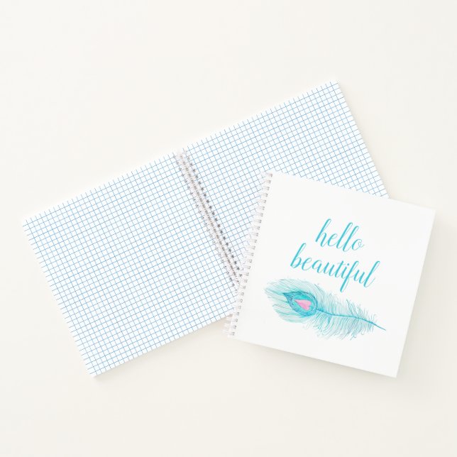 Turquoise Aqua Feather with heart, hello beautiful Notebook (Inside)