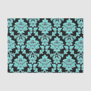 Turquoise aqua glitter black damask design tissue paper