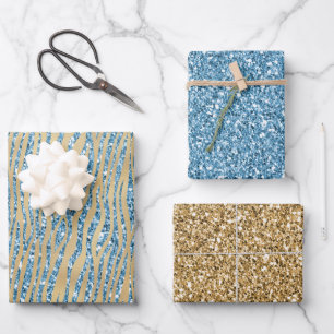 Turquoise Aqua Glitter Gold Sparkle Zebra Print    Wrapping Paper Sheet