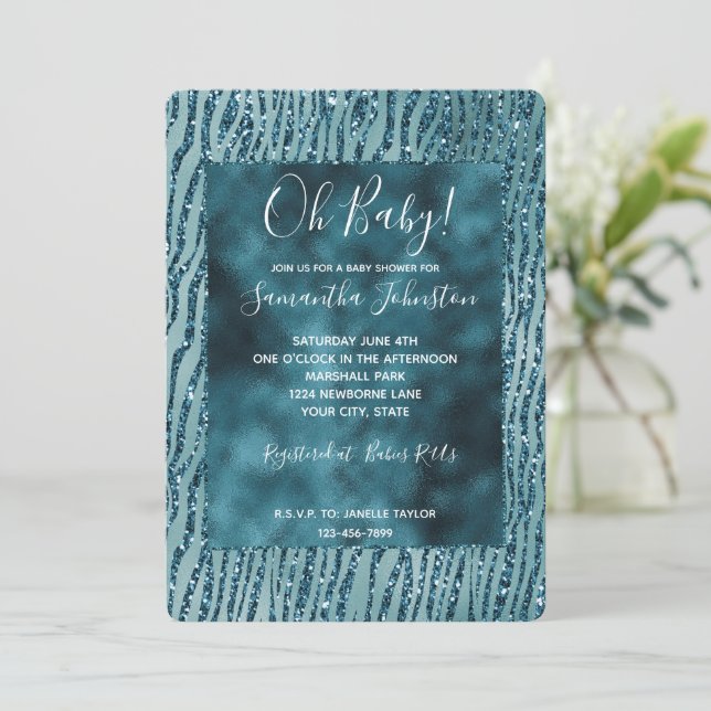 Turquoise Aqua Glitter Zebra Print Invitation (Standing Front)