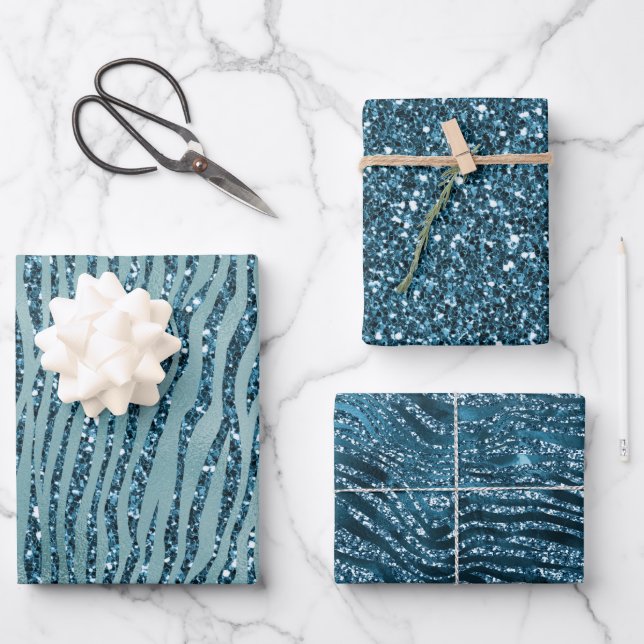 Turquoise Aqua Glitter Zebra Print      Wrapping Paper Sheet (Front)
