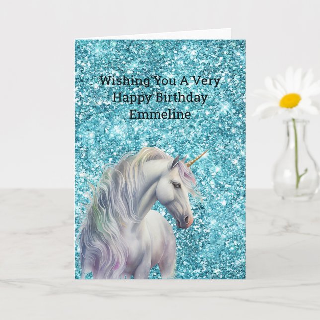 Turquoise Aqua Glitz Glitter Unicorn Card (Small Plant)