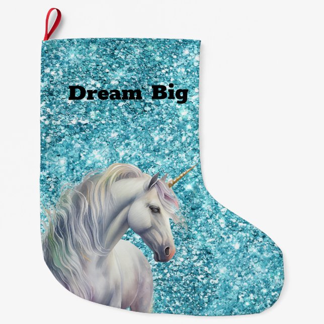 Turquoise Aqua Glitz Glitter Unicorn Large Christmas Stocking (Front)