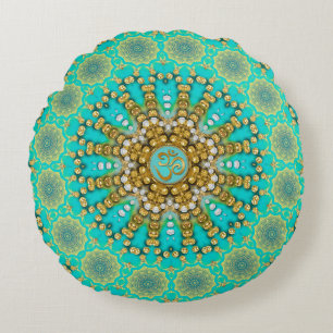 Turquoise Aqua Gold Bohemian Mandala OM Yoga Round Cushion