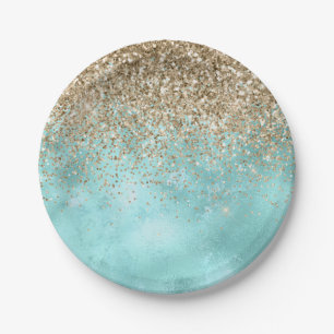 Turquoise Aqua Gold Glam Glitter Sparkle      Paper Plate