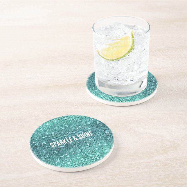 Turquoise Aqua Green Sparkle Coaster (Side)