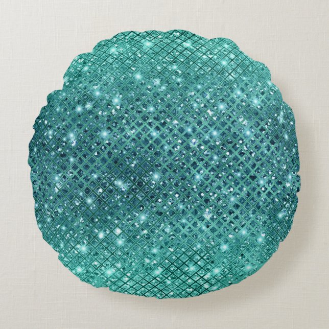 Turquoise Aqua Green Sparkle Round Cushion (Front)