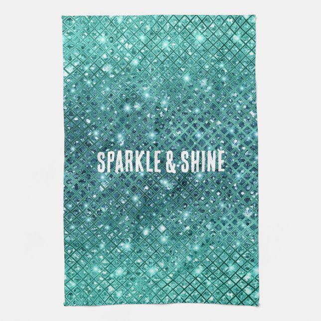 Turquoise Aqua Green Sparkle Tea Towel (Vertical)