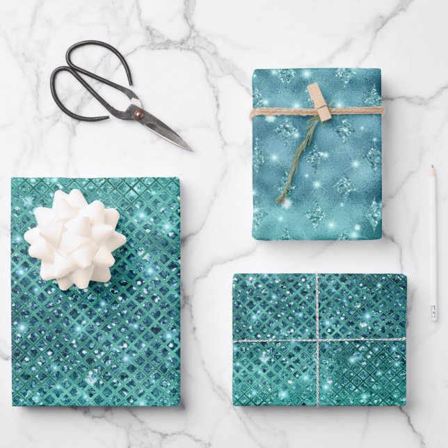 Turquoise Aqua Green Sparkle Wrapping Paper Sheet (Front)