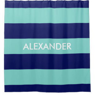 Turquoise Aqua Navy Blue Bold H Stripe #3 Monogram Shower Curtain