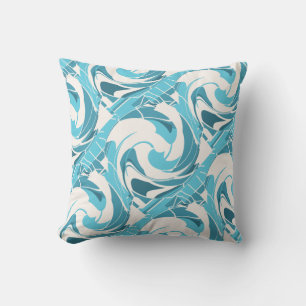 Turquoise Aqua Off-white Diagonal Floral Twirls Cushion