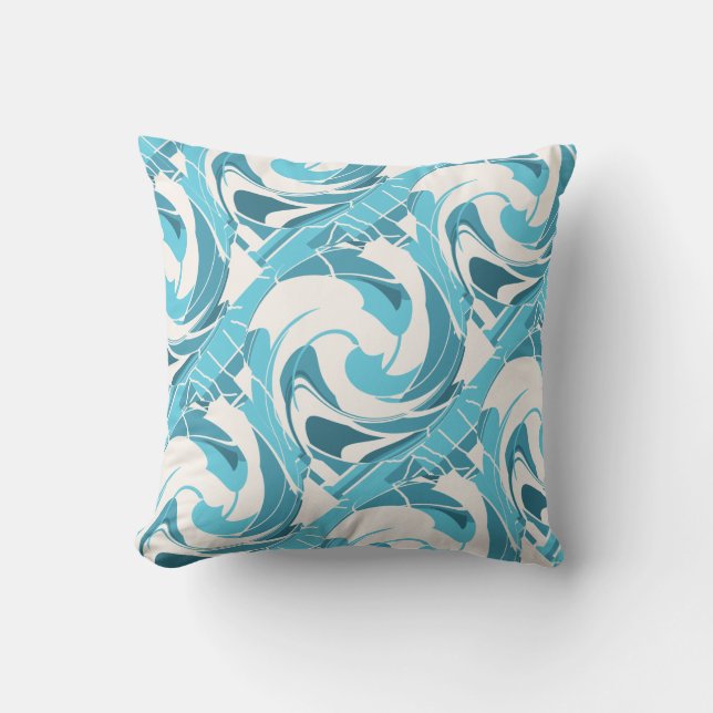 Turquoise Aqua Off-white Diagonal Floral Twirls Cushion (Front)