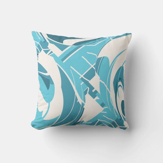 Turquoise Aqua Off-white Lush Leaf Swirling Motif Cushion (Front)