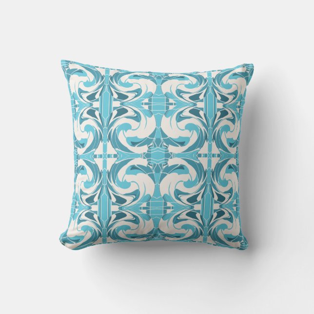 Turquoise Aqua Off-White Mediterranean Small Tiles Cushion (Front)