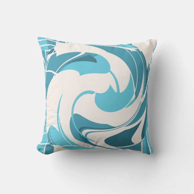 Turquoise Aqua Off-white Swirling Floral Design Cushion (Front)